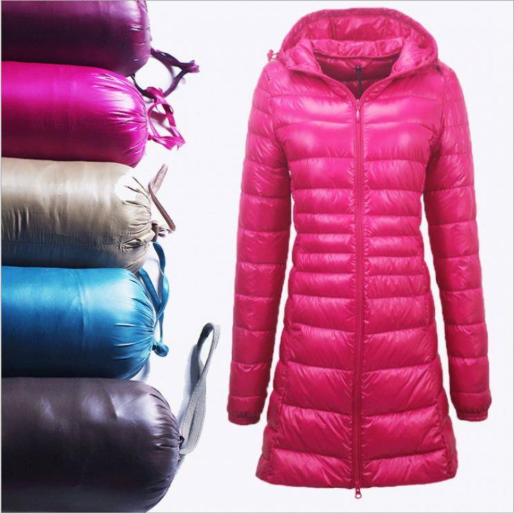 7XL 8XL Plus Lång dunjacka Dam Vinter Ultralätt dunjacka Dam med luva dunjacka Kvinnlig Storlek Kappor cm