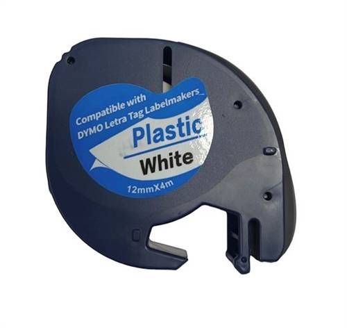Tape til Dymo Letratag plasttape hvid 12mm x 4m.