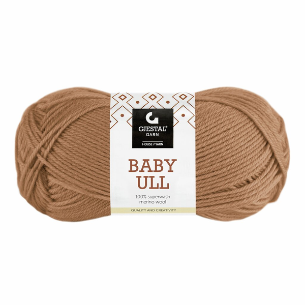 Gjestal Baby Ull 8545 Kamel Indhold: 100% superwash merinould Vægt/længde: 50 g = ca. 165 meter Anbefalede pinde: 3.00 mm Strikkefasthed: 10 cm = 28 m Vask: Uldvask 40°C / Brug vaskemiddel til uld/silke / Brug ikke skyllemiddel / Tørres fladt..