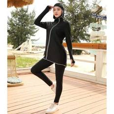 1Set Women Full Coverage Swimsuit With Hood, Beach Cover Up 2Pcs Set, Tight-Fit, Spa/Sports Zipper Swimwear - Black - L,M,S,XL