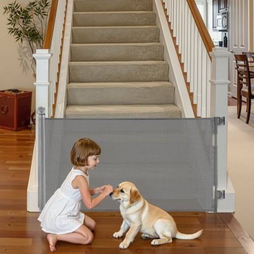 VEVOR Retractable Baby Gate, Extends to 1430 mm Wide, 795 mm Tall, with Security Lock, Easy to Use, Walk Through Without Tripping, Mesh Dog Gate for Stairs, Hallways, Indoor/Outdoor, Gray