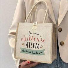 Mini Chic Printing Bag Gift For Teachers Tote Bag,Linen Tote Bag, Hand Shopping Bag - Stylish Beige Holder Bag,Perfect Gift For Her, Ideal For Travel, - Beige