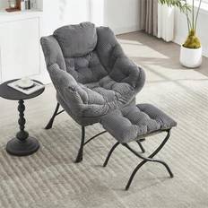 Lazy Chair med fotpall, Modern lounge-accentfåtölj med armstöd och sidoficka, Fritidsklädd soffa, läsfåtölj med fotstöd för litet utrymme, hörnfåtölj - Grå
