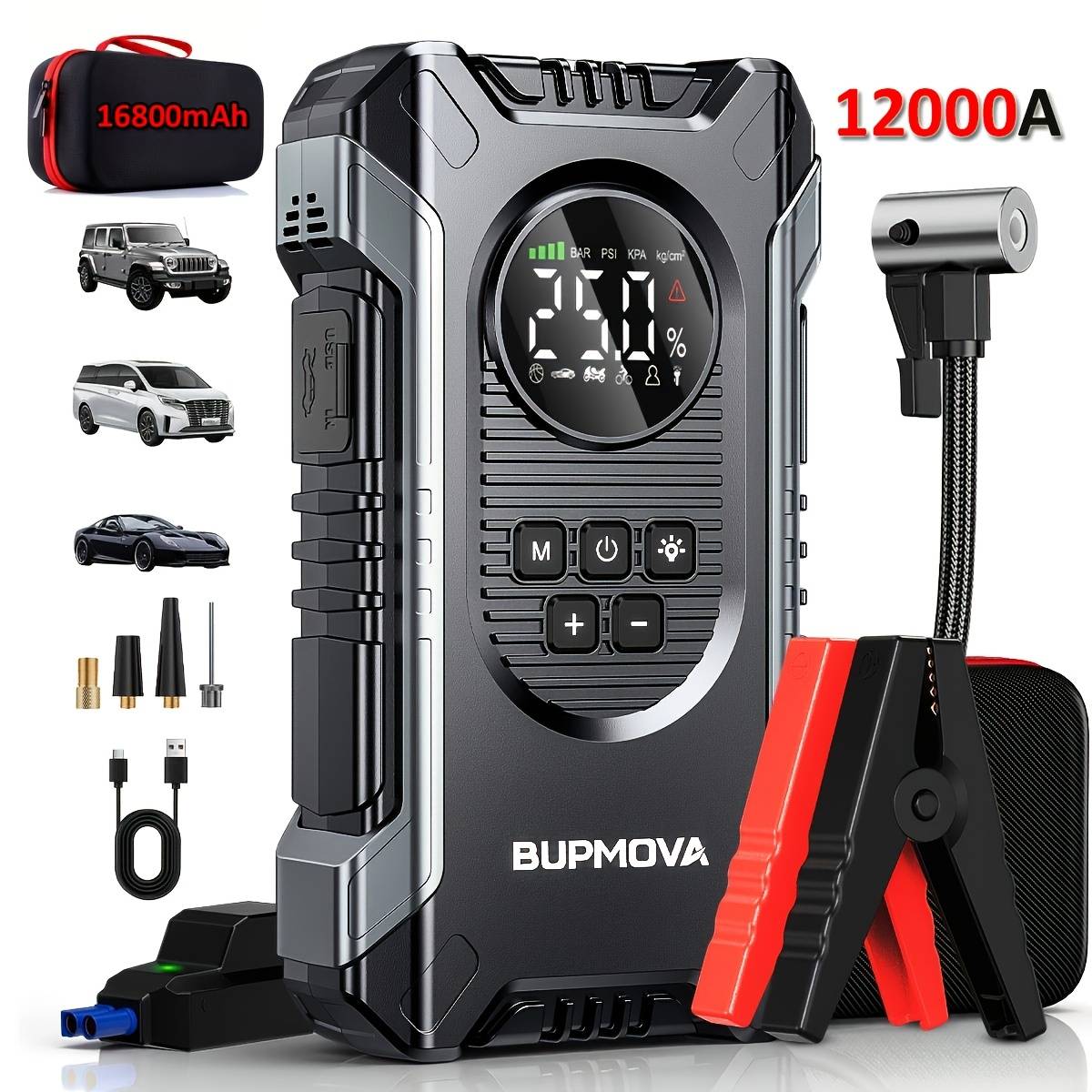Car Jump Starter With Air Compressor Cordless Tire Inflator, Car Battery Booster With Power Bank & Led Flashlights, 12v Auto Jumper Gas Or 10.0l Vehicles With Portable Carry Case, With 10 Protection