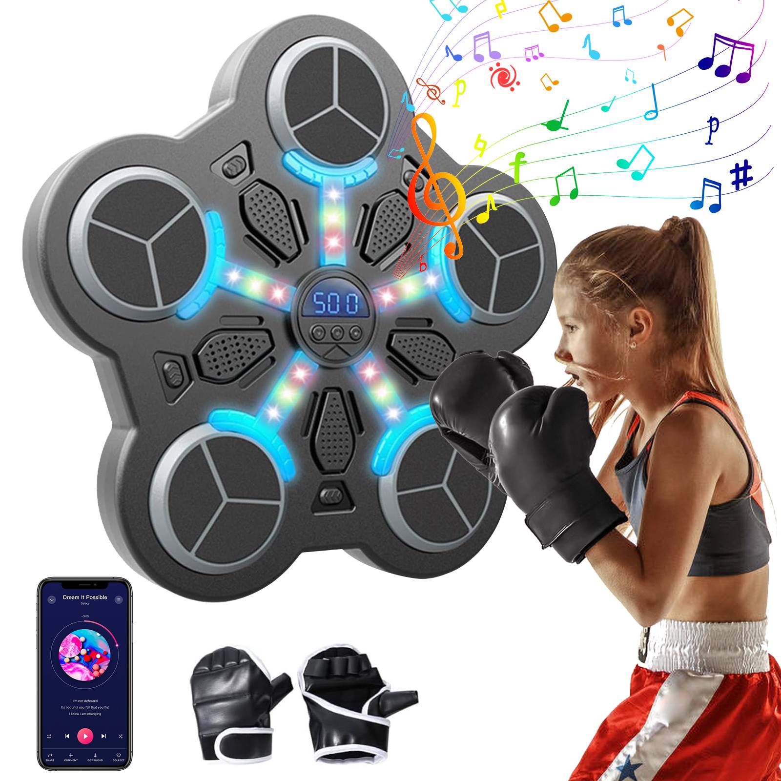 Smart Bluetooth Boxing Trainer for Kids, Music Boxing Machine, Electronic Boxing Shield Wall Mounted with Gloves, Interactive Rhythm Game, Home Fitness Training Toy
