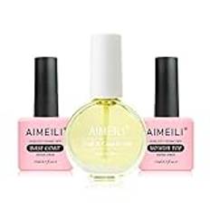 AIMEILI No Wipe Top Coat Base Coat med Cuticle Oil Set, Nail Treatment Set, 3Pcs Upgraded Formula Gel Nail Polish Nail Oil Set för torra och skadade nagelband, Soak Off UV LED Gifts Long-Lasting 15ml