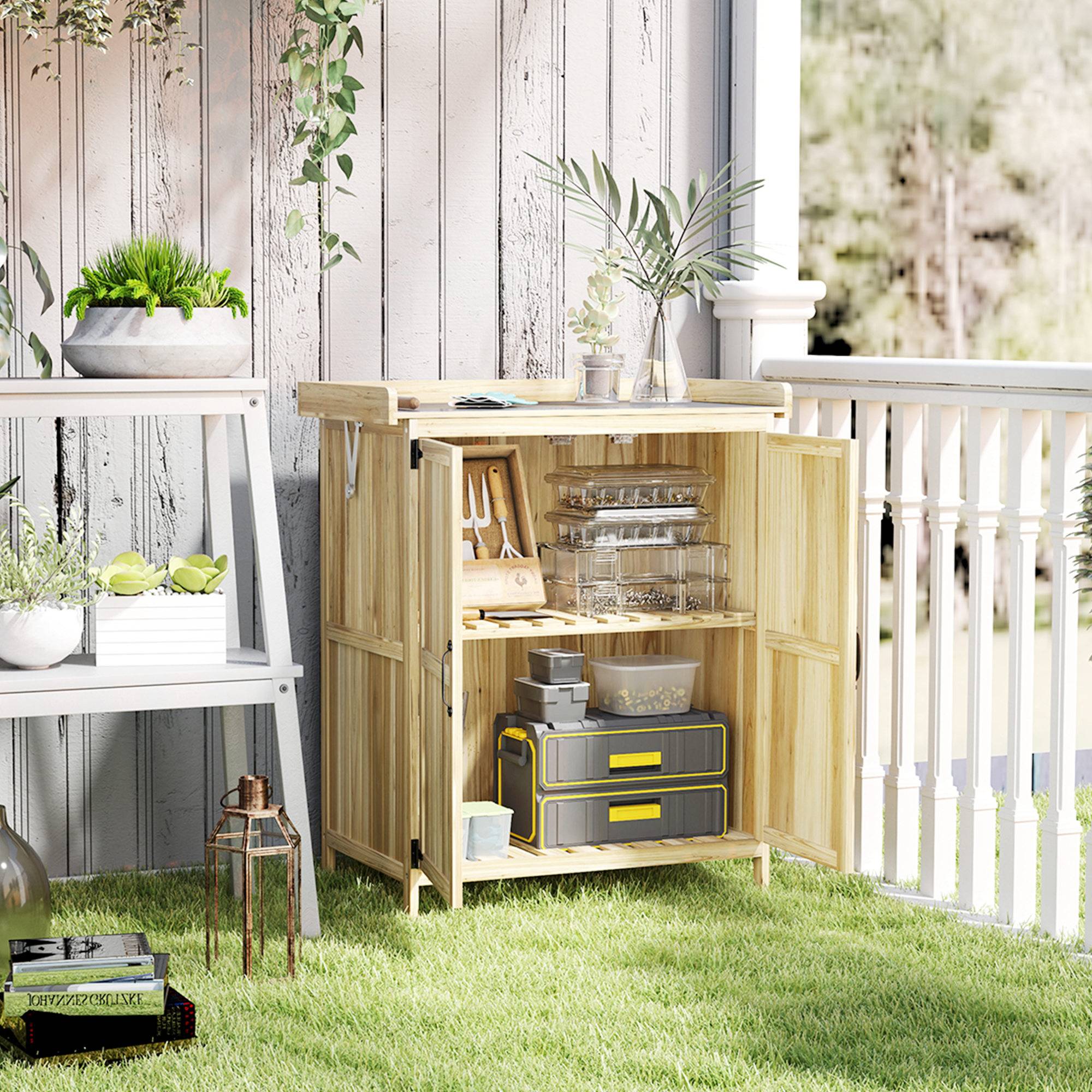 Haveskab i træ, vejrbestandigt redskabsskur 74x43x88cm, redskabsskur med foldetag, hylder, arbejdsflade, redskabsskab, havehus, redskabsskab, haveskur til haven, terrasse, træ.