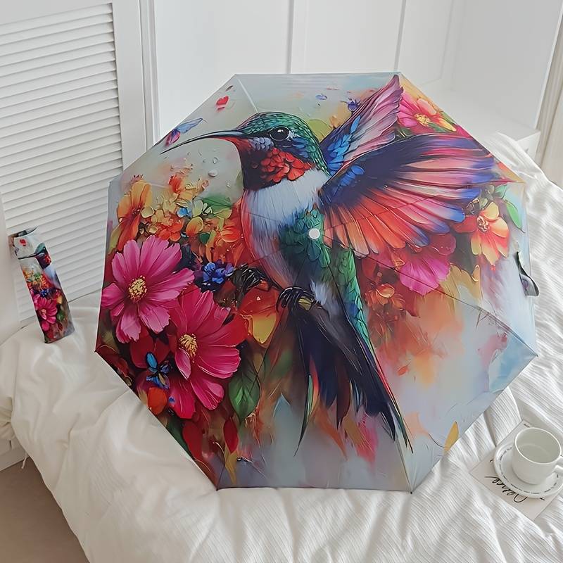 A Vibrant Hummingbird And Floral Print Umbrella, Featuring Automatic Folding, And Shielding. This Sturdy And Durable Umbrella With Ribs Is Convenient For Outdoor Use And Makes A Great Holiday Gift