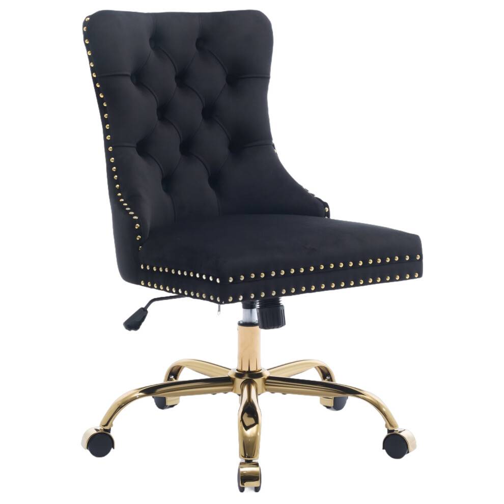 PAPROOS Vanity Chair, Drejelig Ergonomisk Kontorstol med Gylden Metal Base, Justerbar Højde & Velour Tufted Sæde, Sort – Kompatibel med Hjemmet