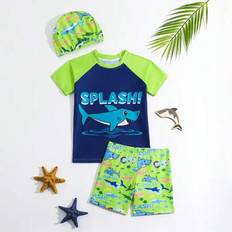 3st Toddler Boys Shark Print kortärmad baddräkt med badmössa, sommar - Grön (6Y,7Y,8Y,9Y,4Y,5Y)
