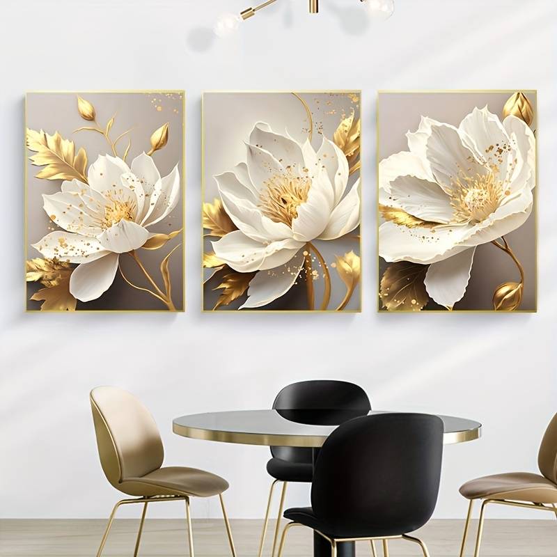 TEMU 2d Flat, 3pcs Canvas Poster, Golden Plant Flower Decorative Painting, Ideal Gift For Living Room, Kitchen, Decor Wall Art Wall Decor, Home Decor, Wall Art, Room Decor, Room Decoration, No Frame