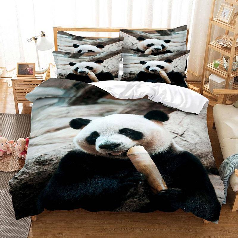 Panda påslakanset Söt djurmönster med två sängar för pojkar, flickor, mikrofiber, vild jätte panda i king size täcke 150x200cm 3pcs