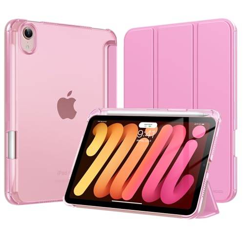 MoKo for iPad Mini A17 Pro Case, iPad Mini 7th/6th Case 2024/2021, Pink | 8.3-Inch Case for iPad Mini with Pencil Holder, Slim Light Trifold Smart Protective Cover with Hard PC Translucent Back Shell