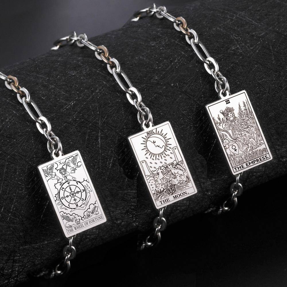 Tarotkort Berlocker Armband för Kvinnor Män De Stora Arkanerna Amulett Rostfritt Stål Klassiska Tarot Handledssmycken Gåvor black