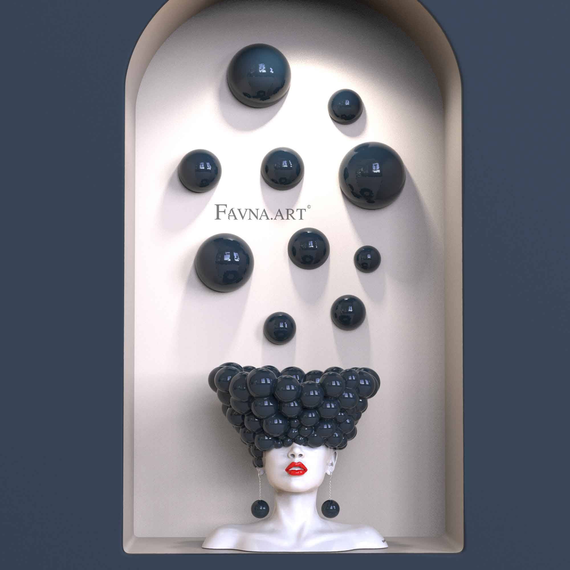 Contemporary sculpture composition “Thoughts” with 10 wall spheres, blue - Dark blue + red lips