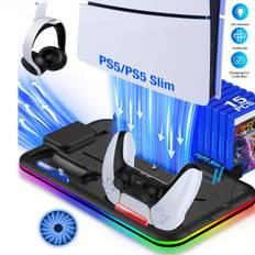 TEMU 1pc Ps5 Slim Stand With 3-cooling Fan, Rgb Lighting, And 15 Game Storage Slots - Abs Material, No Battery Required, Compatible With Playstation 5 Disc & Digital Console