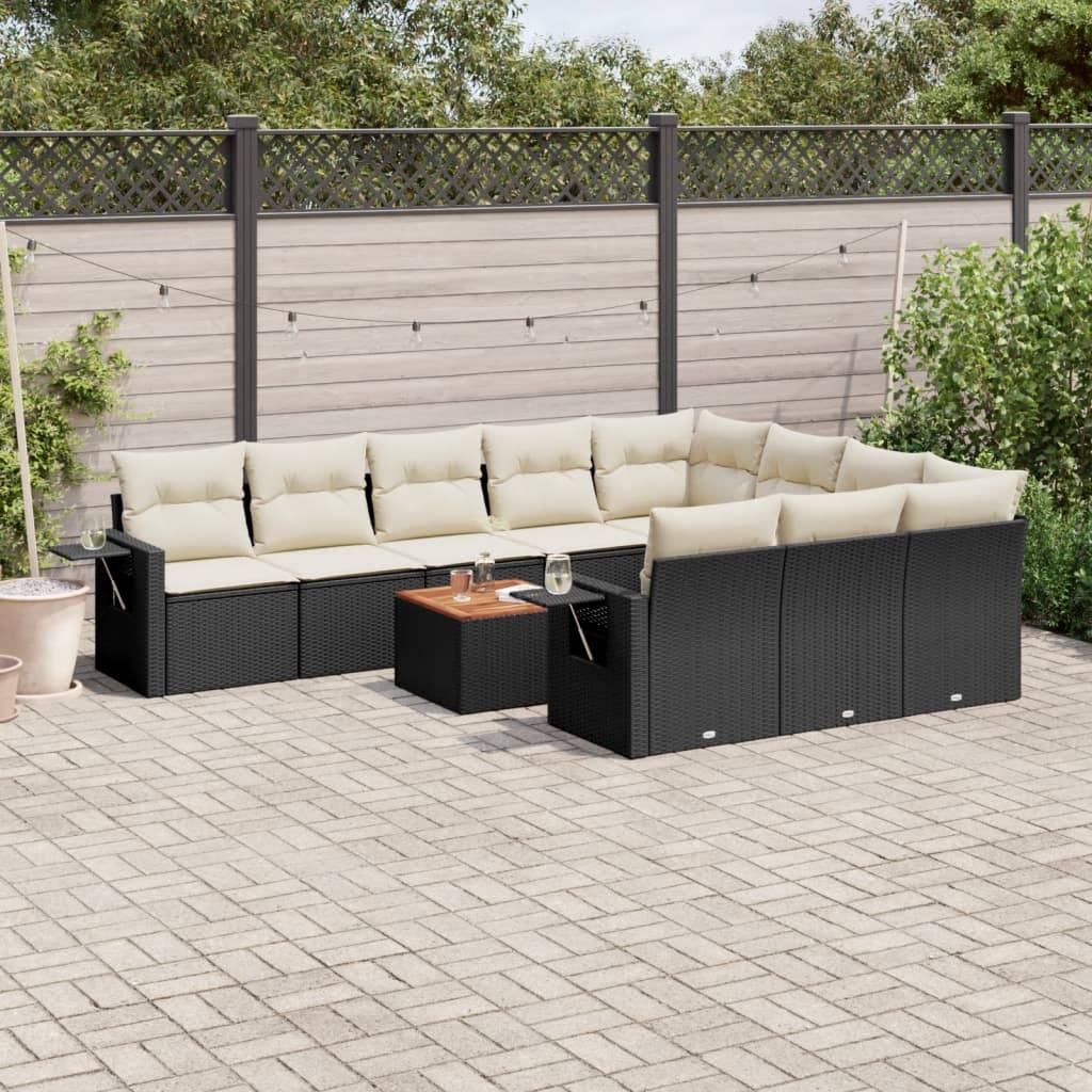 Havesofasæt 11 Dele Med Hynder Polyrattan - Sort og cremefarvet / 6x midterdel 2x hjørnedel bord