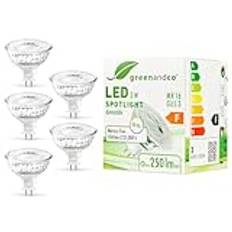greenandco 5x MR16 GU5.3 | dimbar | ersätter 28W | varmvit 2 700K | IRC 90+ | 3W 250 lm | 38° | flimmerfri | COB LED-lampa | 12 V AC/DC