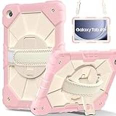 Kompatibel med Samsung Galaxy Tab A9 Plus 11 tum 2023 SM-X210/SM-216 fodral 360 graders roterande multifunktionellt handtagsstativ + axelrem fullständigt skydd stöttåligt fodral (rosa+beige)