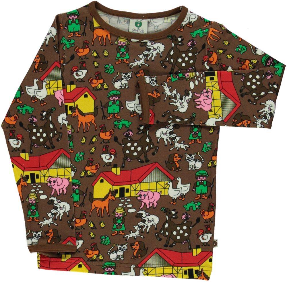 Langærmet bluse med bondegård - Brown / 80 cm