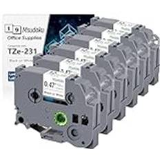 6 x Msudoku TZe-231 kompatibel med Brother TZe231 TZ231 TZ 12mm 0,47 laminerat vitt tejp för Brother etikettskrivare PTD200 PTD410 PTH105 PTH107B PTH100R PTE100 PTE100 PT1000