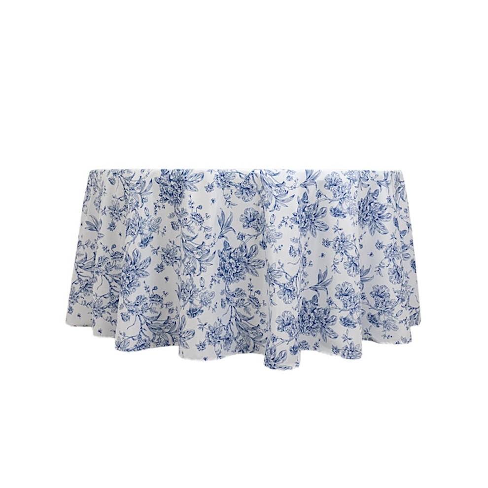 Hvid & Blå Fransk Toile Polyester Rund Dug –