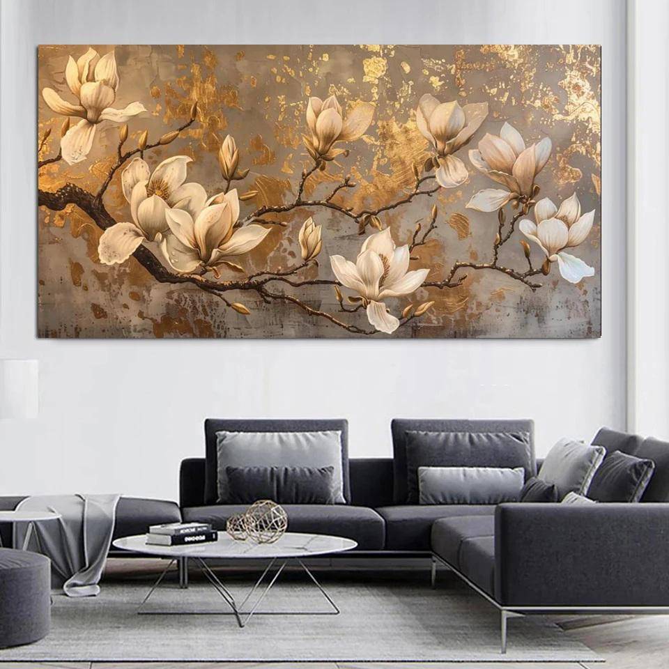Stor 5D DIY Diamantmålning Abstrakt Gyllene Stil Magnolia Blommor Korsstygn Ny 2024 Mosaik Diamantbroderi Heminredning