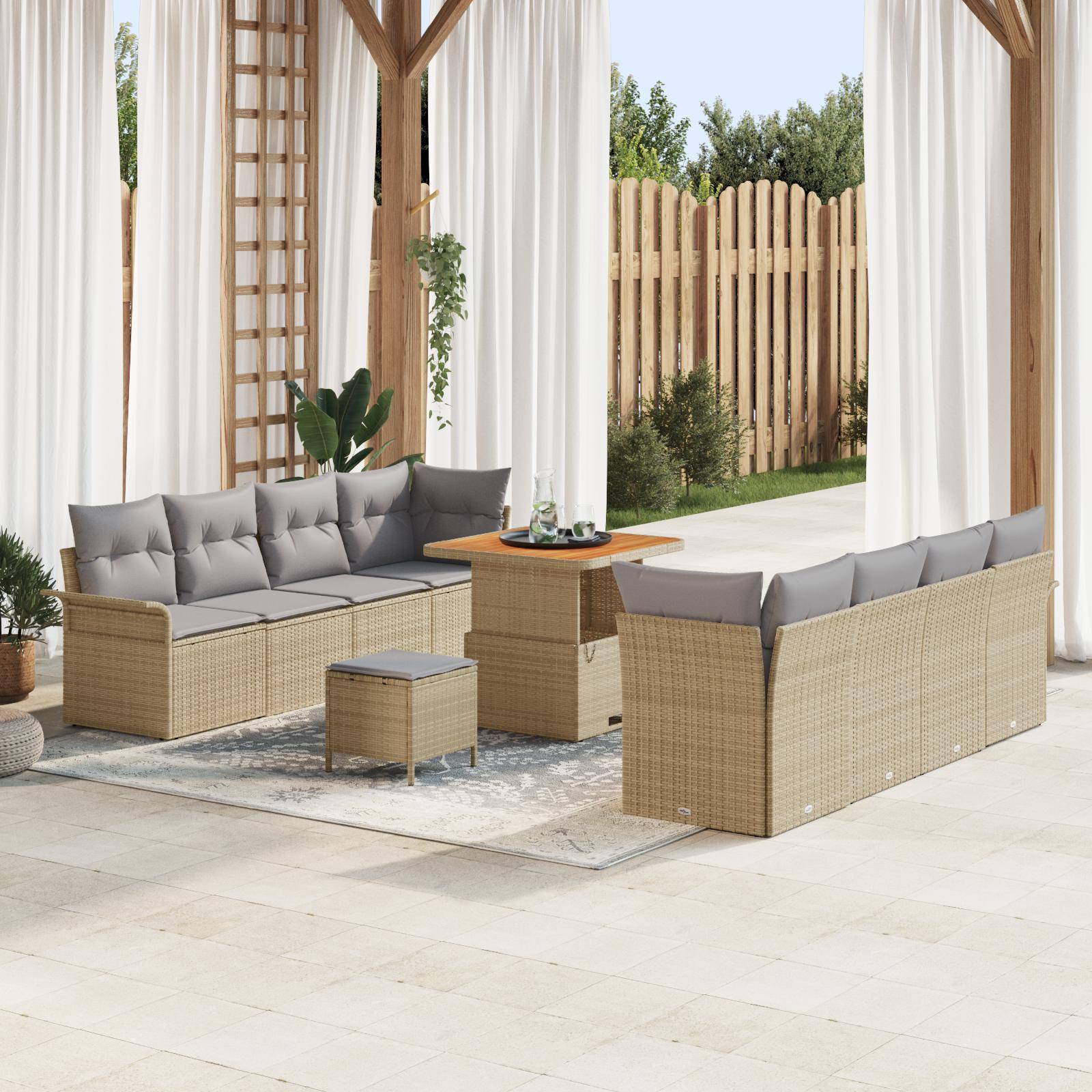 Havesofa sæt med puder - 11 dele i beige polyrattan med højdejusterbart bord