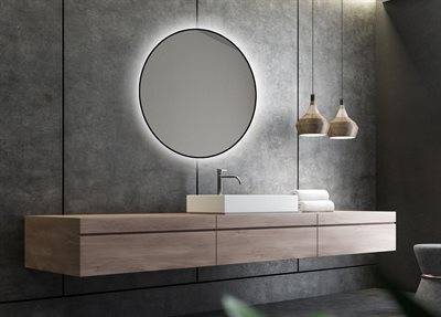 Rundt spejl med integreret sort ramme og LED Back-light - Ø60