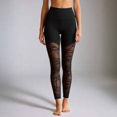 Workout Leggings For Women - High Waist Tummy Control Yoga Pants With Mesh Panel & Geometric Print, Gym Running Compression Tights - Black - L,M,S