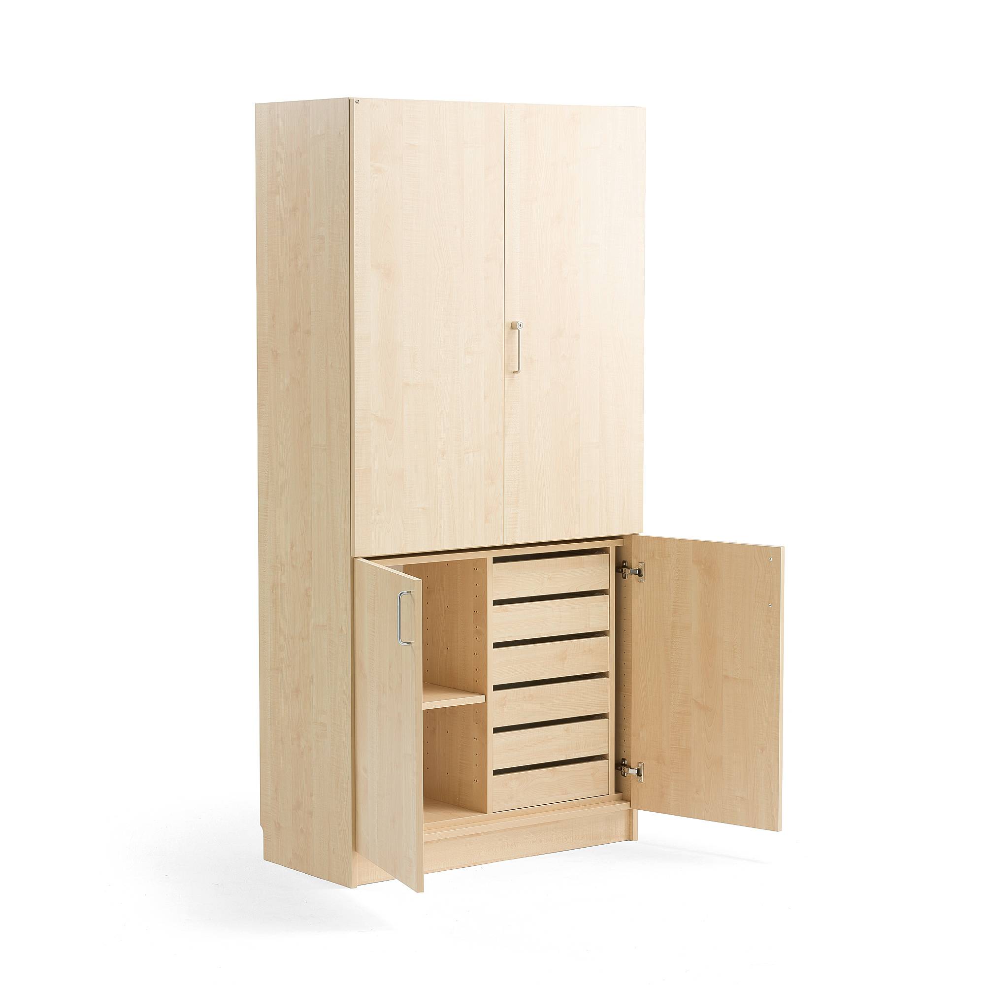 Högt materialskåp THEO, hylla, 6 lådor, 2100x1000x470 mm, björk