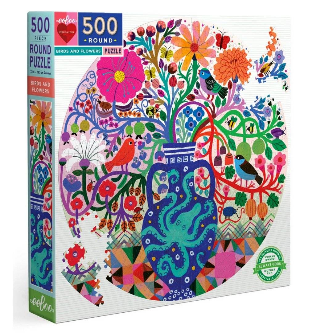 Birds and Flowers 500 piece round puzzle from eeBoo