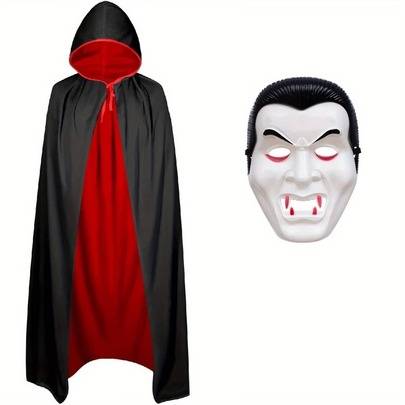 2-delat vändbart vampyrkappa- och maskset, svart och röd gotisk demonpiratvampyrkappa, lämplig för cosplay, fest och renässanskarneval