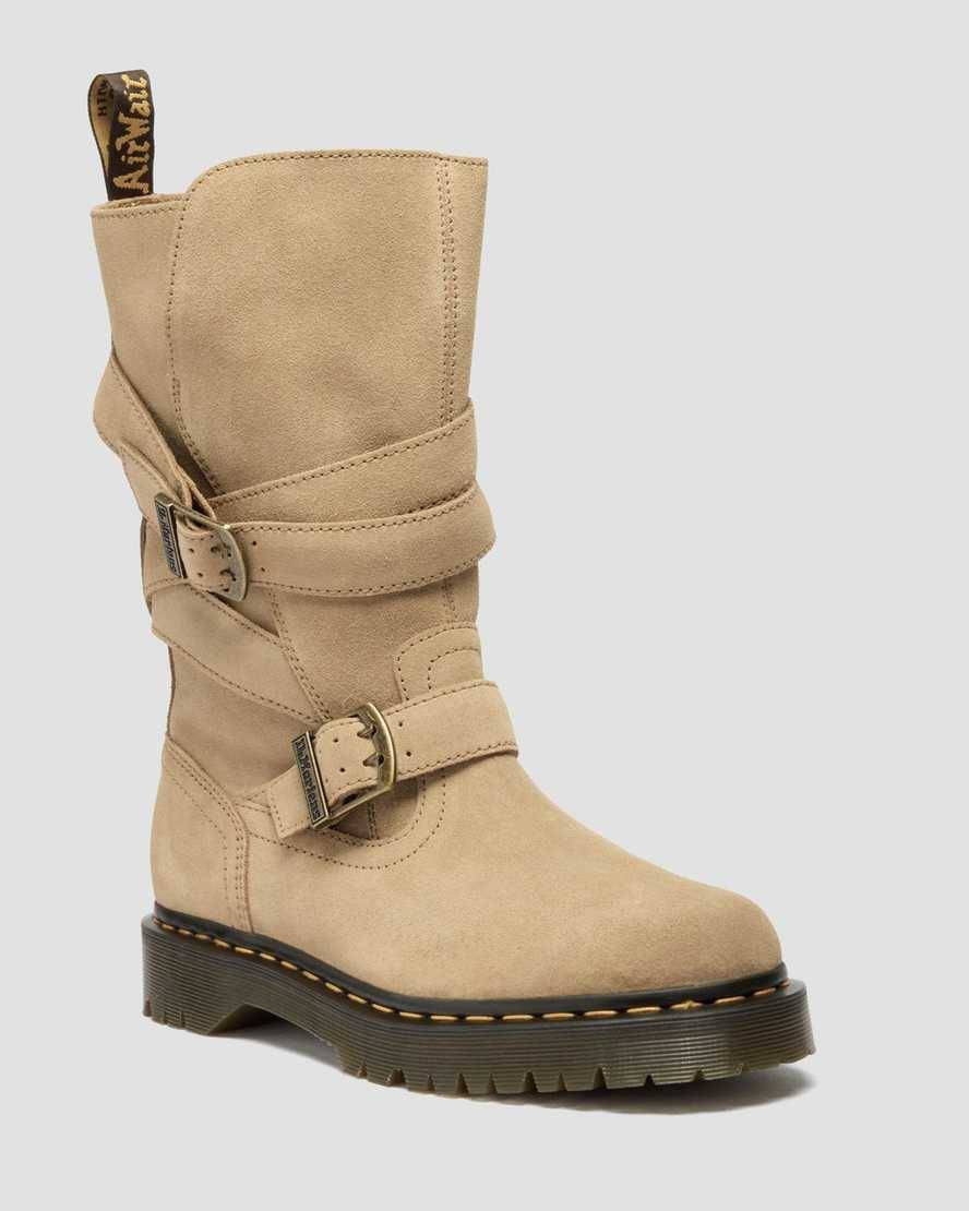 Dr. Martens Anistone Two Strap Wildleder Biker Stiefel in Bräunen, Größe: 45