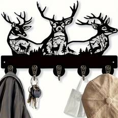 TEMU 1pc Deer Key Hooks, Animal Theme Wall Mount Organizer, Wooden Key Holder, Hanger With 5 Metal Hooks, 19*29*3cm Black Home Decoration For Storage, Living Room, Hallway, Office