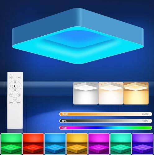 RDGOOD 24W RGB LED Deckenleuchte Dimmbar mit Fernbedienung, 2400LM LED Deckenlampe Dimmbar 3000K-6500K, RGB Farbwechsel Wohnzimmerleuchte für Schlafzimmer Kinderzimmer Küche Keller 28x28cm Eckig