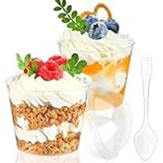 50 stycken dessertglas plast, 180 ml dessertkoppar runda med lock och skedar, plast dessertkoppar återanvändbara, dessertskål-set mini dessertkoppar för gör-det-själv desserter, pudding, mousse, glass