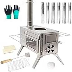 Tent Wood Stove, Portable Camping Tent Stove, with Chimney Pipe and Cleaning Tools, Stainless Steel Wood Burning Stove, for Camping Tents Grill Winter Heating,Stainless steel,B