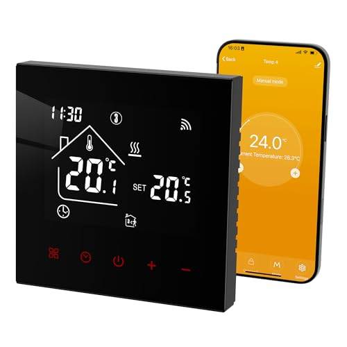 Beok Smart Termostat för golvvärme,programmerbar elektrisk golvvärme termostat WiFi för elektrisk golvvärme med sond,kompatibel med Tuya Smart/Google Home/Alexa Echo, max 16A TDR89B-WIFI-EP