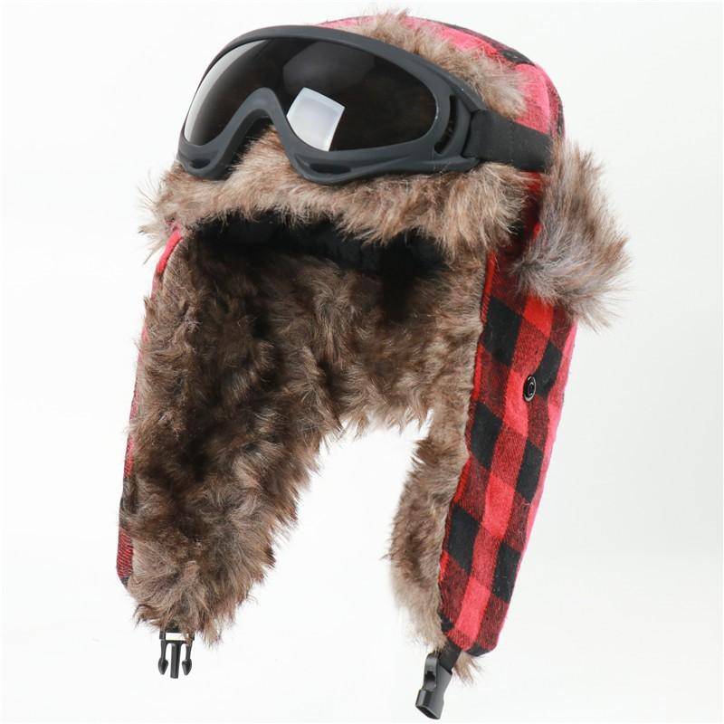 Unisex Vintage Windproof Winter Hat With Ear Protection Goggles - Warm Fleece Lined Outdoor Ski Cap cm