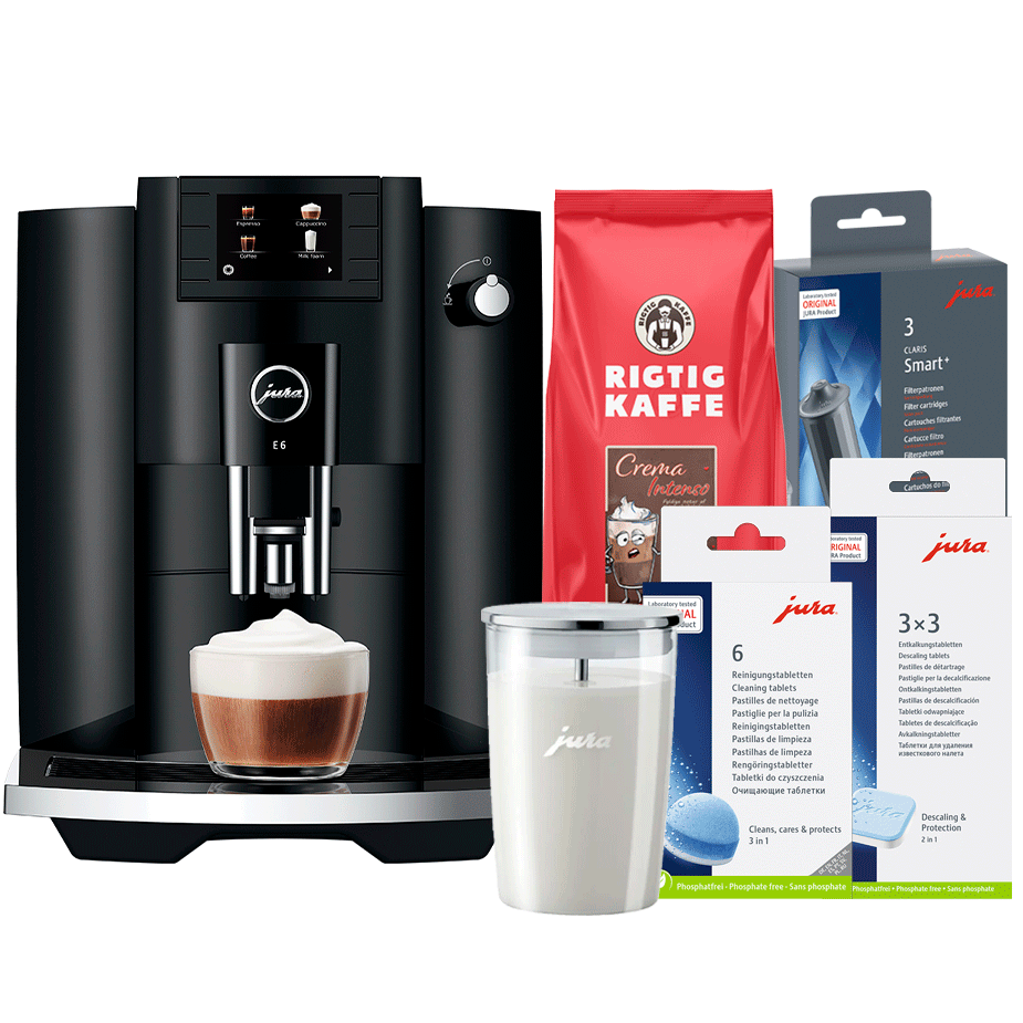 Jura E6 (EC) Piano Black Inkl. Pleje, Filtre, Mælkebeholder & 1 kg Rigtig Kaffe Crema Intenso