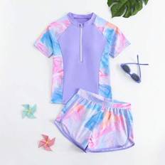 Tween Girls Tie-Dye Print Dragkedja fram Halvknapp med raglanärm Topp och shorts Casual Tankini Badkläder - Mauve Lila (8Y,9Y,10Y,11Y,12Y)