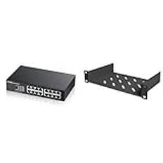 Zyxel 16-Portars Unmanaged Gigabit Ethernet-Switch – Fläktlös konstruktion [GS1100-16] & DIGITUS hyllplan - 1U - 254 mm (10 tum) - För Nätverksskåp - 150 mm djupt - Perforerad stålplåt - Svart