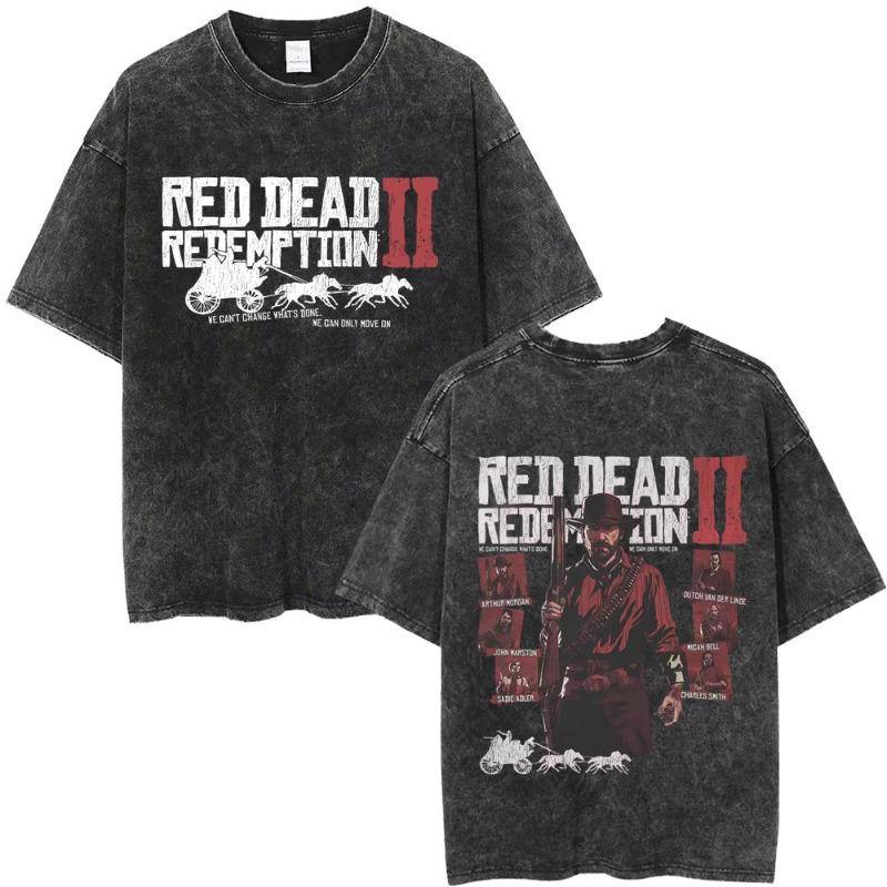 Spelare Red Dead Redemption 2 Vintage Tvättad T-shirt Mode Casual Bomull Kortärmad T-shirt Herr Överdimensionerade T-shirts cm