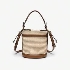 Fashion Straw Bucket Bag Weave Women Handbags Designer Panelled Shoulder Crossbody Bags Casual Summer Beach Small Tote Purses - Brown