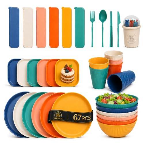 YEEBECA 67 Pieces Plastic Dinnerware Set for 6, BPA-free Unbreakable Dinnerware Set for 6 People, The Outdoor Camping Tableware Set in 6 Colors Suitable for Family Dinners, Picnics and Camping.