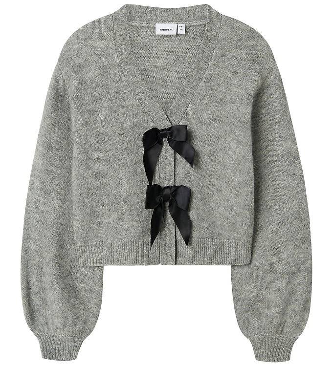 Name It Cardigan - NkfRina - Grey Melange/Black Bow - Name It - 11-12 år (146-152) - Cardigan