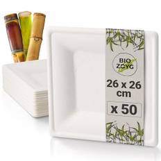 BIOZOYG Engångstallrikar 50 stycken, vita fyrkantiga – sockerrörstallrikar 26 x 26 cm – alternativ till papperstallrikar och plasttallrikar – stabila engångsporslin, perfekt som festservis