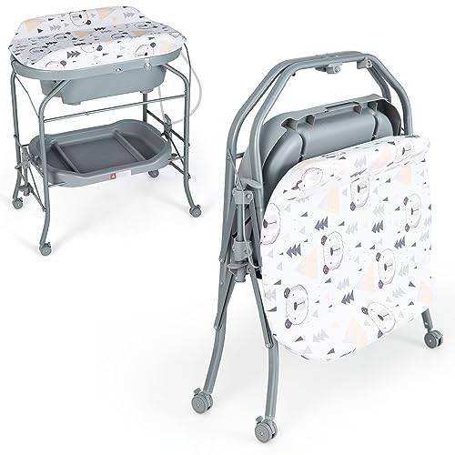 LIFEZEAL 2 i 1 - Skötbord och hopfällbart badkar, bekvämt för blöjbyte med förvaringskorg, universalhjul, 35 kg, 0-12 månader (grå)
