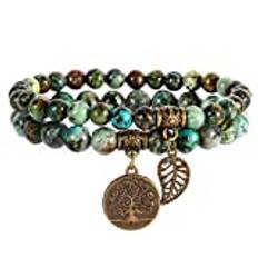 Farfume Chakra armband för kvinnor lycka ädelsten armband chakra armband äkta stenar ädelstenar helande stenar(African Turquoise pärlor och livets träd)